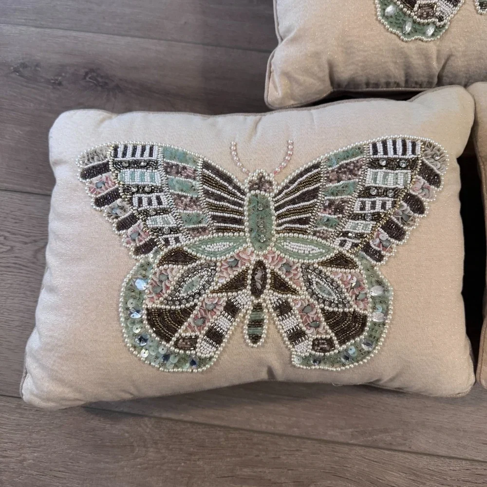 Pier 1 Butterfly Throw Pillows Set Beaded Sequins Beige Fairy Cottagecore Garden